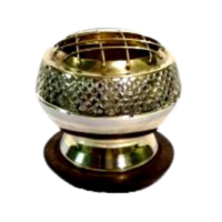 Charcoal Burner Brass on Stand CROSSHATCHED with Wooden Base 