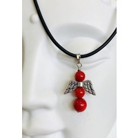 Gemstone & Angel Wings Pendant Necklace RED CORAL 25mm
