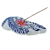 Incense Holder Clay Hand Painted Hand WHITE with Blue Leaves