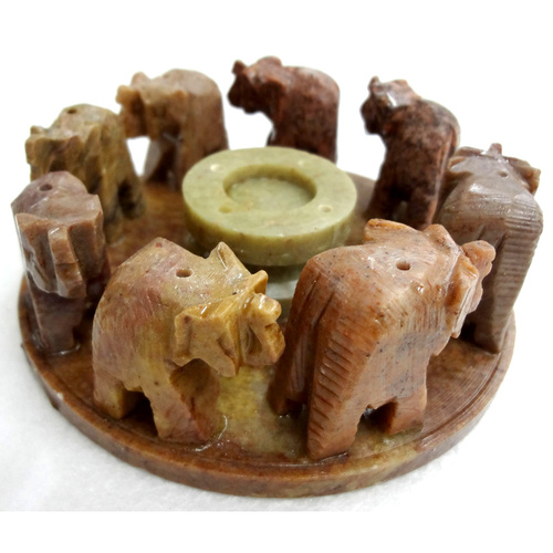 INCENSE & CONE HOLDER Soapstone ELEPHANTS CIRCLE 10cm