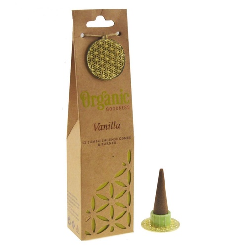ORGANIC Goodness Incense Cones Vanilla with Ceramic Holder BOX of 12 Packets