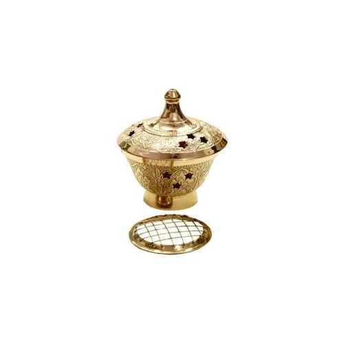 Incense Charcoal Burner on Stand with Lid BRASS DELUXE ENGRAVED  6cm