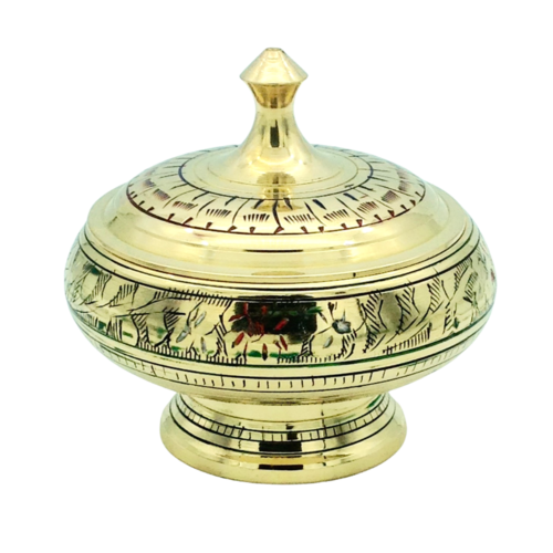 Incense Cone and Charcoal Pot on Stand w Lid BRASS ENGRAVED 12cm