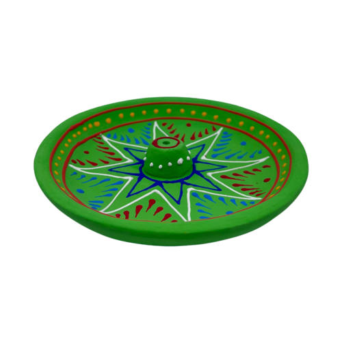 Incense Holder Clay Hand Painted Embossed Plate GREEN