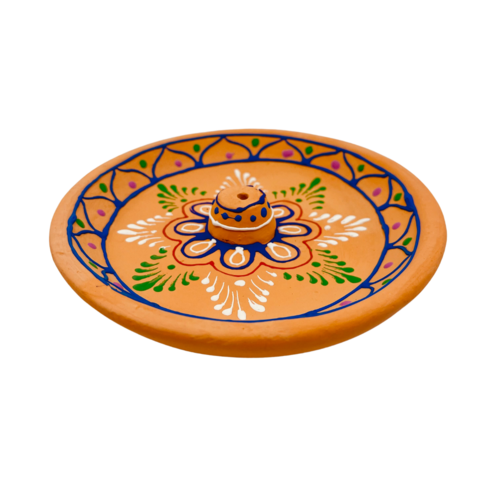 Incense Holder Clay Hand Painted Embossed Plate ORANGE